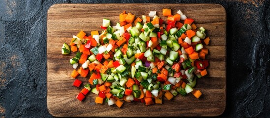 Poster - Spiced diced Cantonese vegetables arranged on a wooden cutting board from a top view. with copy space image. Place for adding text or design