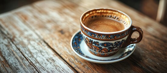 Aufkleber - coffee close up of a cup of Turkish or Greek coffee on a wooden table with copyspace half a mug on a wooden surface with selective focus