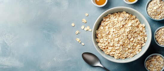 Poster - Close up top view of a serving bowl filled with oat flakes and a spoon resting beside it Small dishes containing ingredients are arranged around Creating a perfectly balanced healthy breakfast Copy