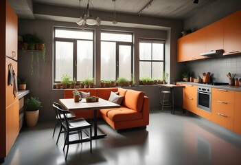 Realistic kitchen interior, orange sofa, gray floor, wooden table, loft style, super details, soft lighting, Night light in cozy interier sale website banner in yellow, orange background color, minima