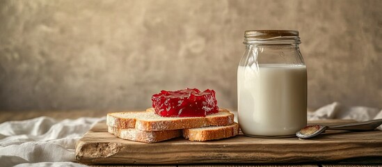 Fototapete - jam milk and bread. with copy space image. Place for adding text or design