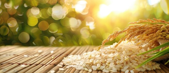 Poster - Fresh rice on a wooden table background Image Selective focus copy space