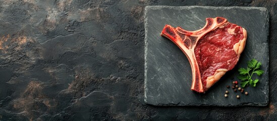 Poster - Raw and grilled T bone steak on a stone surface. with copy space image. Place for adding text or design