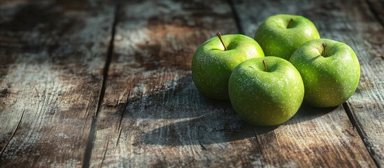 Wall Mural - green apples on a weathered wooden surface. with copy space image. Place for adding text or design