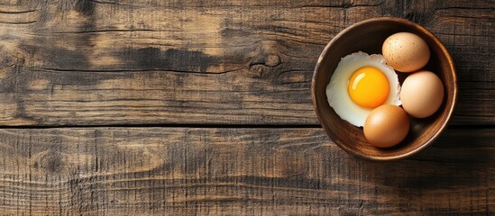 Leinwandbilder - Top view of chicken eggs with yolk in a bowl on a wooden table Copy space is available