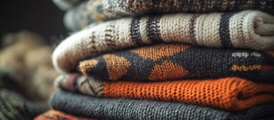 Aufkleber - A close up of a stack of folded knitted sweaters featuring various patterns Background suitable for autumn or winter Seasonal sale for autumn or winter Stack of cashmere garments