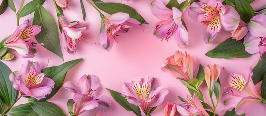 Poster - Lovely pink and purple alstroemeria flowers surrounded by green leaves on a pink backdrop Peruvian Lily Copy space