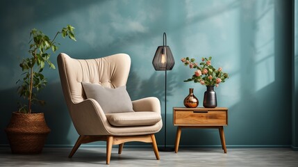 Cozy Scandinavian living room showcasing a classic beige wing chair paired with a rustic side table, all against a soothing blue wall.