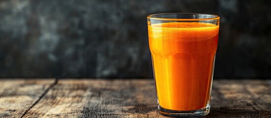 Aufkleber - Orange pumpkin and carrot juice blended in a tumbler glass on a walnut table with a shallow focus. with copy space image. Place for adding text or design