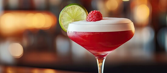 Fototapete - Detail of a red cocktail topped with white foam featuring rum raspberry and lime in a martini glass in a restaurant awaiting to be served by the waiter. with copy space image