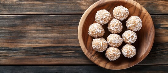 Poster - Top view of healthy raw paleo coconut energy balls on a wooden plate against a wooden background. with copy space image. Place for adding text or design