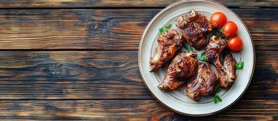 Aufkleber - Baked hare legs arranged on a plate with a tomato Wooden surface Top view Copy space