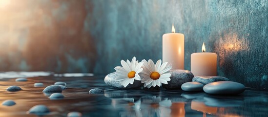 Poster - Spa decor featuring candles daisies and spa stones. with copy space image. Place for adding text or design
