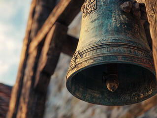 vintage rustic church bell hanging in a wooden belfry against a blurred background