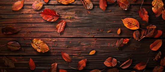 Poster - Autumn leaves on a wooden background With copy space