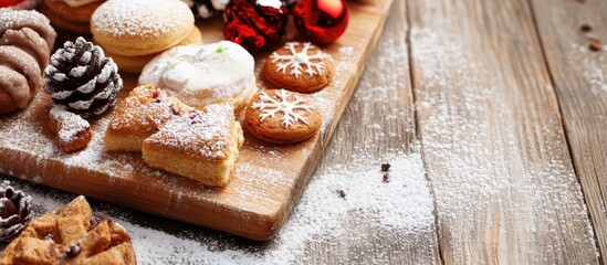 Aufkleber - Image of traditional Christmas treats on a wooden board with snow and white space for text. with copy space image. Place for adding text or design