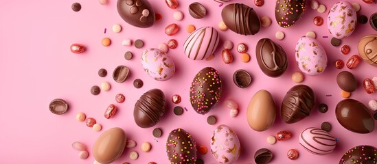 Poster - Chocolate Easter eggs and decorations arranged flat for a kids Easter egg hunt concept on a pink background Candies shaped like eggs. with copy space image. Place for adding text or design