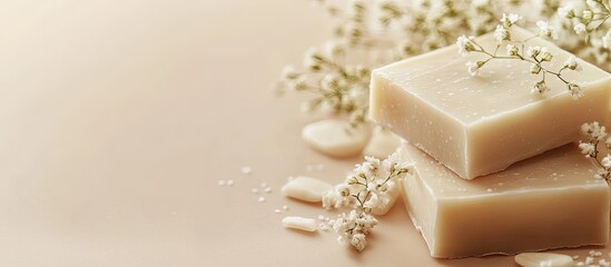Poster - Bars of soap crafted from natural ingredients on a beige background Organic cosmetics Spa health concept featuring natural cosmetics. with copy space image. Place for adding text or design