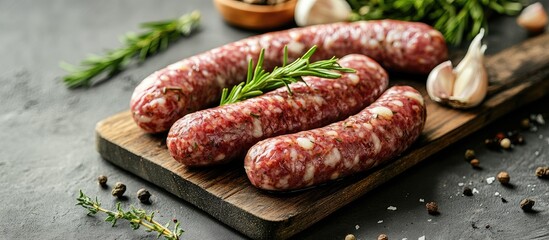 Aufkleber - Cheesy sausages containing cheese garlic spices and herbs on a wooden cutting board against a textured gray background Copy space For design