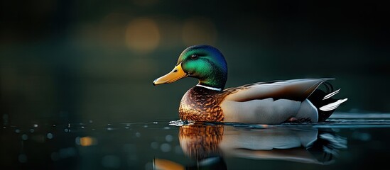 Poster - A duck gliding on the water. with copy space image. Place for adding text or design