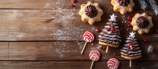 Poster - Christmas tree shaped puff pastry cakes filled with chocolate dusted with powdered sugar and adorned with lollipops on a wooden surface Holiday appetizer for Christmas and New Year A festive concep