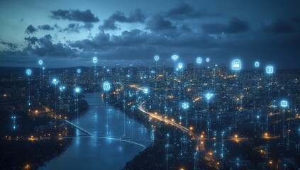 A digital city with glowing connections and smart technology