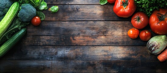 Poster - Fresh ripe vegetables arranged on a wooden table viewed from above Space for text. with copy space image. Place for adding text or design