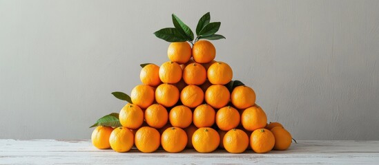 Poster - Pyramid arrangement of mandarin oranges on a vintage white wood table backdrop. with copy space image. Place for adding text or design