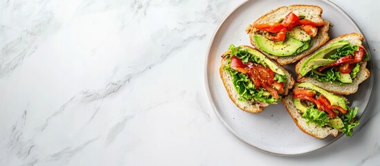 Fototapete - Tasty avocado sandwiches on a white marble table top view Room for text. with copy space image. Place for adding text or design