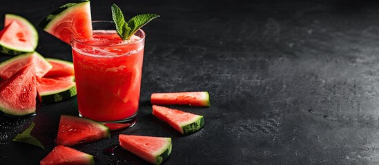 Leinwandbilder - Summer watermelon beverage A summer watermelon drink in a glass accompanied by slices of watermelon. with copy space image. Place for adding text or design
