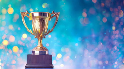 Aufkleber - Trophy award on display with shimmering bokeh background and golden accents