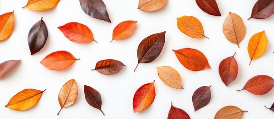 Sticker - Autumn flat lay backdrop featuring colorful dried leaves on a white surface. with copy space image. Place for adding text or design