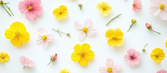 Fototapete - Delicate yellow and pink flowers of spring and summer on a light backdrop Concept of nature and minimalism Top view flat lay. with copy space image. Place for adding text or design