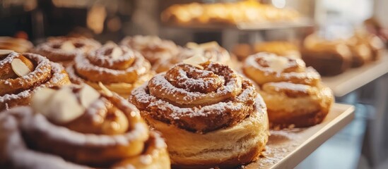 Fototapete - Selective focus on freshly baked cinnamon rolls. with copy space image. Place for adding text or design