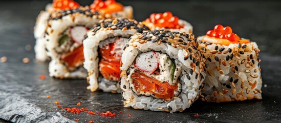 Fototapete - Warm breaded roll filled with black rice cream cheese mushrooms salmon pepper and tobiko caviar against a black stone backdrop. with copy space image. Place for adding text or design