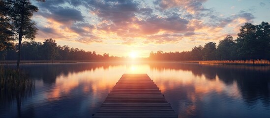 Fototapete - Forest lake at sunset Wooden dock Gentle sunlight illuminated clouds symmetrical reflections in crystal clear water Picturesque scenery Wide angle view Nature ecology ecotourism swimming fishing