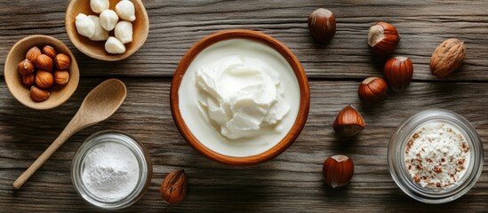 Poster - Hazelnut cream ingredients displayed on a rustic wooden table. with copy space image. Place for adding text or design