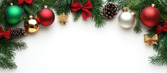 Fototapete - Christmas frame featuring red green and gold balls bows fir branches and pine cones set against a white background. with copy space image. Place for adding text or design