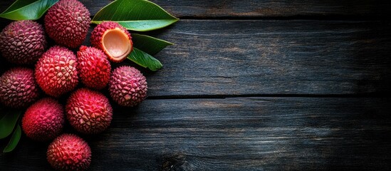 Leinwandbilder - Lychee fruit on a dark wood backdrop Top view Copy space