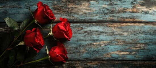 Fototapete - Red roses on a weathered wooden surface. with copy space image. Place for adding text or design