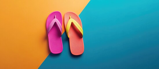 Poster - Stylish flip flops on a colored background arranged flat Area for text. with copy space image. Place for adding text or design