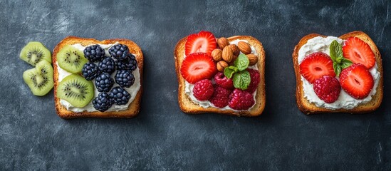 Aufkleber - Homemade summer toast topped with cream cheese nut butter and fruits and berries seen from above. with copy space image. Place for adding text or design
