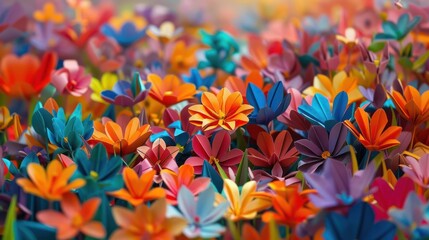 Wall Mural - close-up of vibrant origami paper flowers in a field