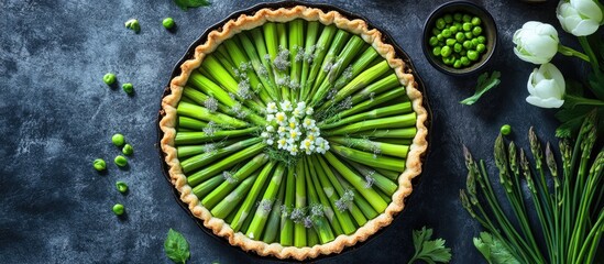 Aufkleber - Green asparagus and sweet peas tart topped with edible chive flowers Overhead view of a seasonal spring dinner table. with copy space image. Place for adding text or design