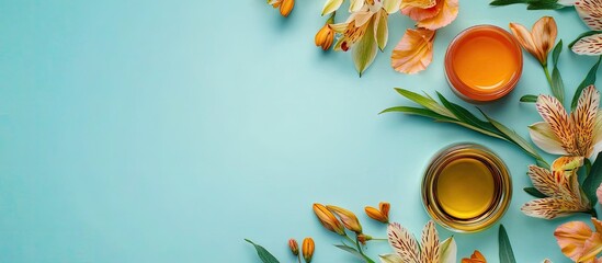 Poster - Beauty cosmetic products from a top view natural oil eye patches and natural soap set against a blue background adorned with alstroemeria flowers Teal and orange Copy space High quality photo