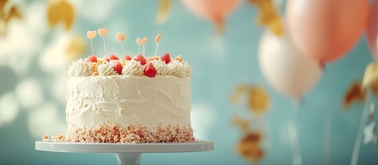 Poster - Birthday cake with balloon party decorations in the background Copy space Stylish cake Tasty wedding reception Celebration of baptism concept Modern autumn decor