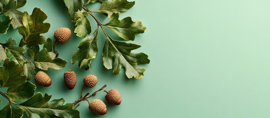 Poster - Branch featuring green oak tree leaves and acorns on a colored background close up top view. with copy space image. Place for adding text or design