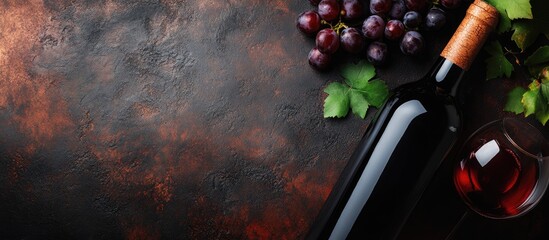 Aufkleber - Top view of a red wine bottle Macro selective focus on the cork A wine bottle glass and grapes on a vintage backdrop Copy space wine concept