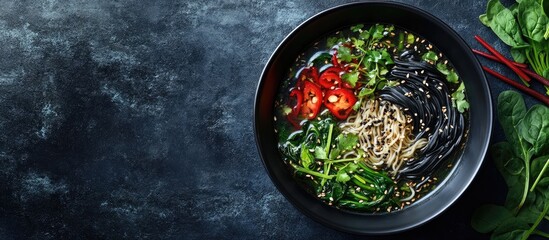 Aufkleber - Asian rice noodle soup featuring black rice noodles spinach sprouts and coriander. with copy space image. Place for adding text or design