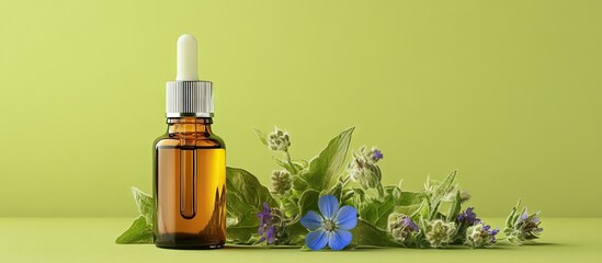 Aufkleber - bottle with pipette containing borage oil and borage flowers set against a green background. with copy space image. Place for adding text or design